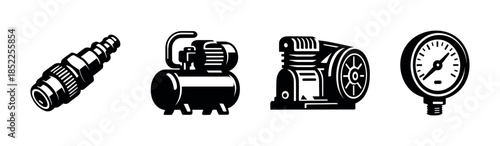 Air compressor, flat vector illustration, industrial equipment, machinery parts
