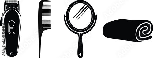 Hair clipper comb hand mirror and rolled towel icons hair clipper, trimmer, comb