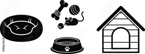 Icons of Pet Bed Dog Bowl Mouse Toy Bone and Dog House dog bed pet bowl