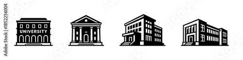 Education buildings, flat vector illustration, University and school icons