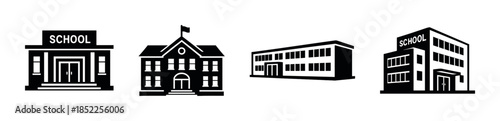 School buildings, flat vector illustration. School icons set. Education buildings icons