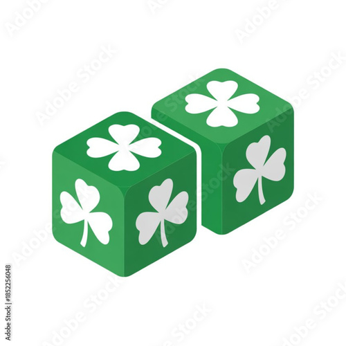 Green dice with white shamrock on white background isolated on white background