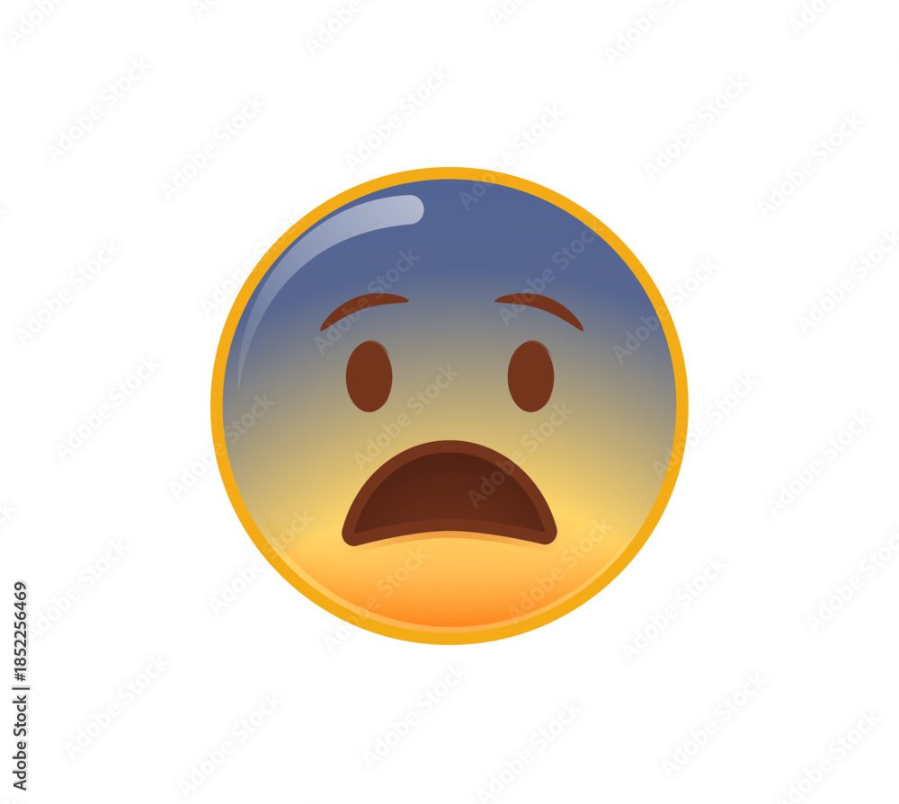 Fototapeta premium Screaming in fear emoji. Horror and fright emoticon. Yellow face with blue forehead, big scared eyes long, open mouth