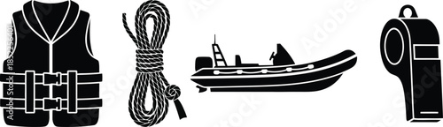 Nautical safety equipment and inflatable boat icons life vest life jacket