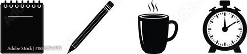 Notepad Pencil Hot Coffee Mug and Stopwatch Icons notebook paper