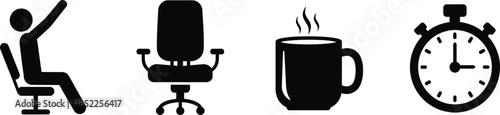 Office work icons including person sitting chair coffee and stopwatch office, work