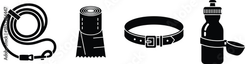 Pet accessories icons leash measuring tape collar water bottle