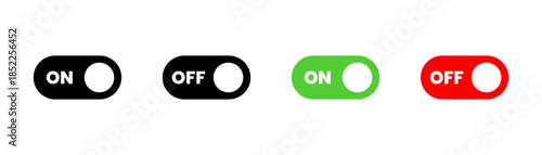 Toggle switch icons in black green and red, On Off Button Set, User Interface Slider Controls, Settings Toggle Graphic, Mobile App Switch Element, Vector illustration.