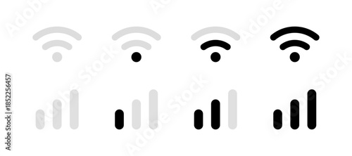 Wifi and mobile signal strength icons in black and white, Network Connection Symbol Set, Wireless Reception Level Graphic, Internet Status UI Element, Connectivity Bars Vector, Vector illustration.