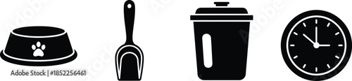 Pet food bowl scoop shaker bottle and clock icons pet bowl, dog bowl, cat bowl, paw