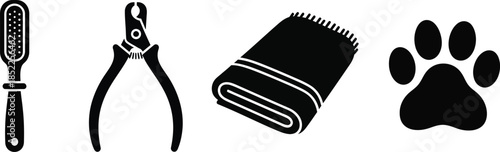 Pet Grooming Tools Brush Nail Clippers Towel Paw Print Icons pet, grooming, tools