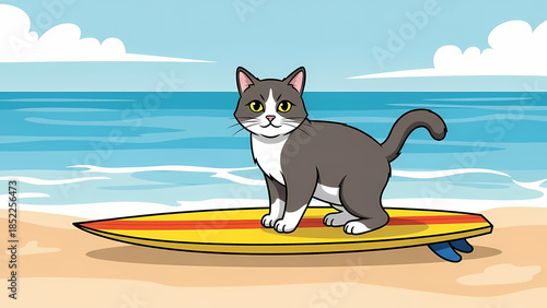 Gray and white cartoon cat standing on a yellow surfboard at the beach for a summer vacation concept and playful animal adventure