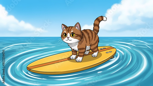 Cute cartoon tabby cat balancing on a surfboard in the calm blue ocean under a clear sky for a unique summer adventure concept and playful journey