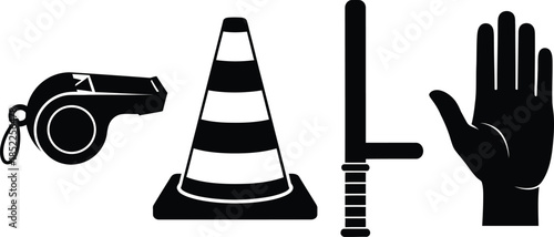 Police and traffic safety equipment icons whistle traffic cone