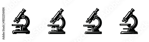 Microscope collection, scientific tools, lab equipment, flat vector illustration