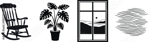 Rocking Chair Potted Plant Window Scene and Wavy Lines Silhouettes rocking chair