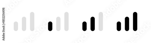Signal strength indicator icons in black and white, Mobile Network Bars, Wifi Connection Symbol, Reception Level Graphic, Connectivity UI Element, Vector illustration.