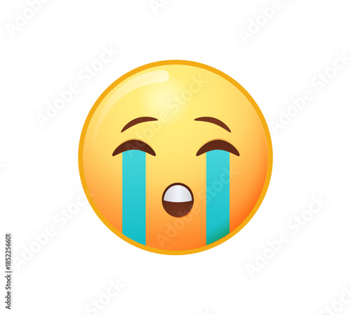 Loudly crying emoji. Yellow emoticon with streams of tears. High quality emoticon vector illustration white background