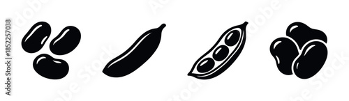 Legume collection, flat vector illustration of beans and peas, black silhouette style