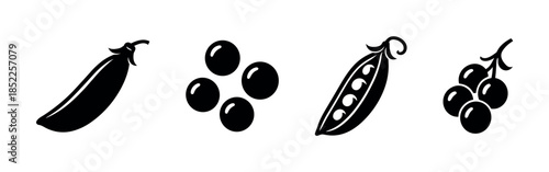 Vegetable and fruit silhouettes, pea pod, berries, flat vector illustration