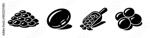 Black olives, scoop, and assorted olives, flat vector illustration in monochrome design