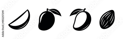 Mango fruit shapes, outline and sliced, flat vector illustration