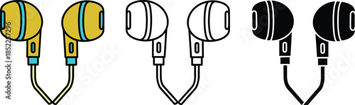 Colorful and monochrome earphones in a row with different and colors headphones audio