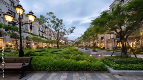 A serene European street scene at dusk, featuring lampposts, manicured gardens, shops, and apartments