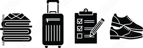 Travel preparation icons including folded clothes suitcase clipboard and shoes travel