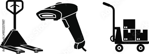 Warehouse and logistics icons including pallet jack scanner and trolley warehouse