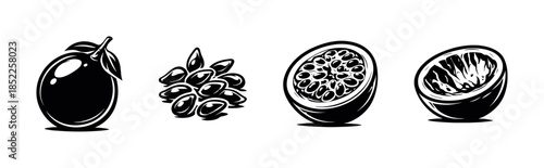 Passion fruit vector illustration, seeds, sliced fruit, flat vector style