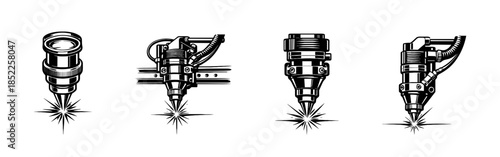 Laser cutting equipment, flat vector illustration, engraving tools, industrial icons