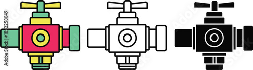 Colorful and monochrome valve with detailed components and handles industrial mechanical