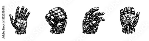 Robotic hand designs, flat vector illustration, mechanical, futuristic