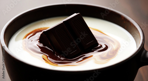 Dark chocolate squares melting in hot milk close up, generated by AI
