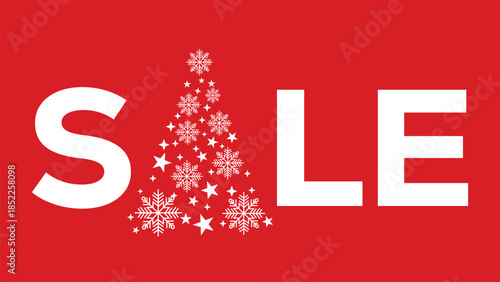 Festive red Christmas sale banner with bold white text and stylized Christmas tree made of white stars and ornaments, perfect for holiday retail promotions and seasonal marketing campaigns.