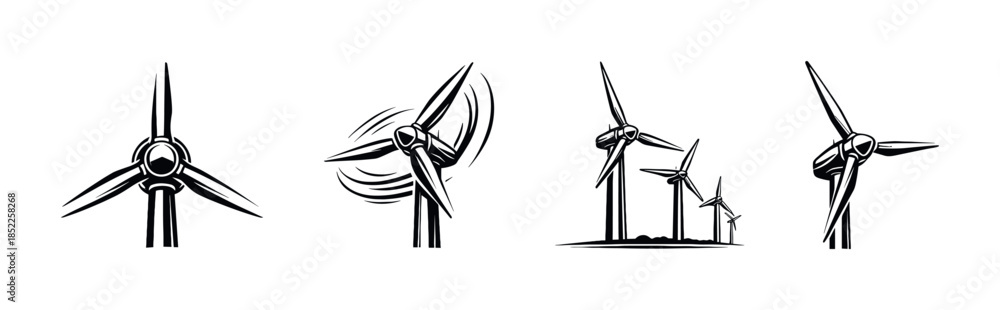 Fototapeta premium Wind turbine collection, renewable energy, black and white, flat vector illustration