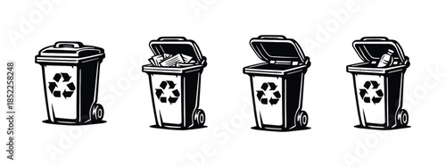 Recycling bins collection, waste, renewable energy, environmental, black and white, flat vector illustration