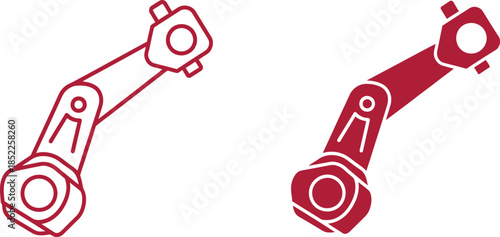 Red robotic arm with two joints and circular end effectors on white background mechanical