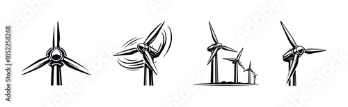 Wind turbine collection, renewable energy, black and white, flat vector illustration