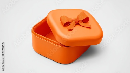Open orange gift box with bow, presented on white background. Illustration of present and opening