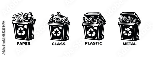 Recycling bins icons, paper, plastic, glass, metal, flat vector illustration
