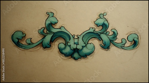 Ornamental, stylized illustration with flowing, turquoise shapes on aged paper
