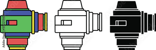 Three camera lenses with different colored segments and black and white outlines camera equipment
