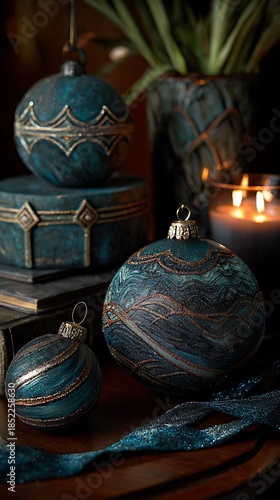 Ornate blue and gold Christmas ornaments and candle display, on a wooden surface