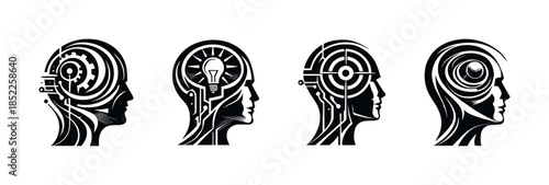 Human head vector illustration, gears, circuits, brain, flat style design