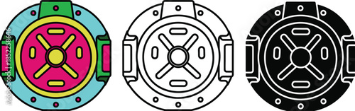 Three circular control panels with colorful and monochrome buttons