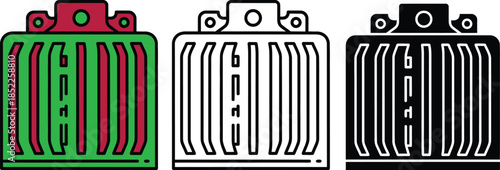 Three colored car radiator grilles with green red and black car parts