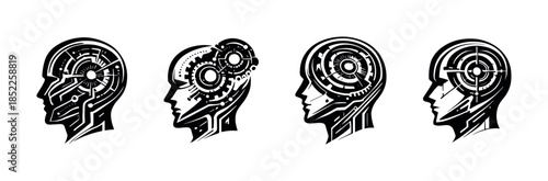 Futuristic head designs, flat vector illustration, technology, cyber style
