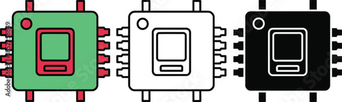 Three colored integrated circuit chips with different colored pins and bodies electronic component